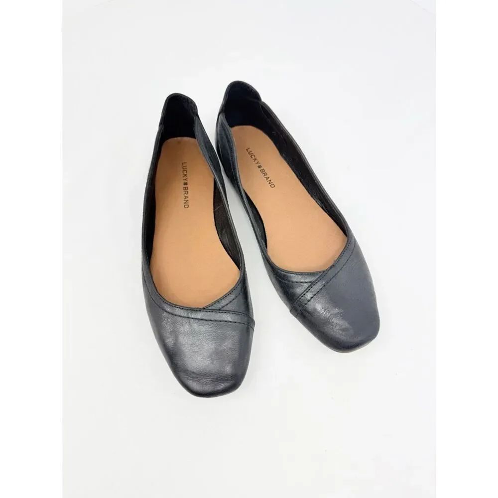 Lucky Brand ARIN Black Leather Faux Wrap Toe Slip On Classic Ballet Flats